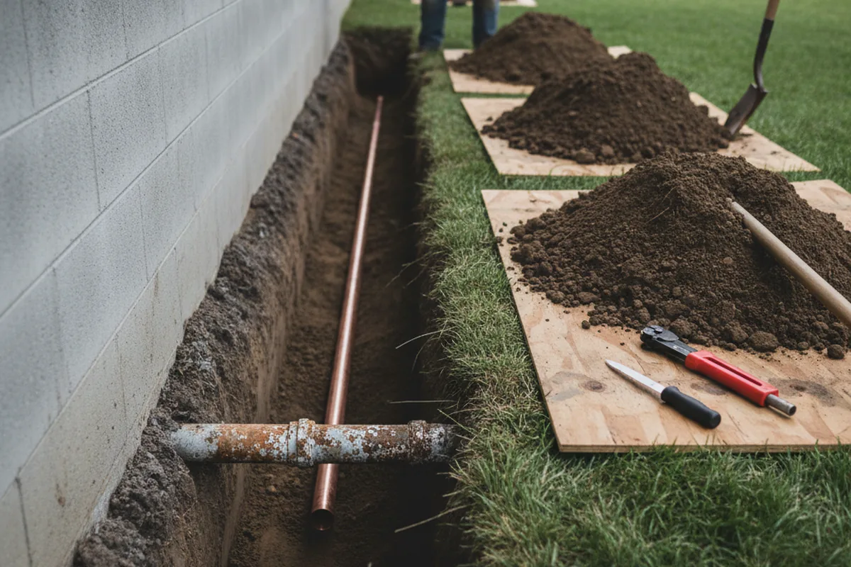 Excavated water line trench during Sewer Line Repair in Spiro